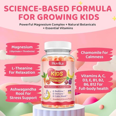 Kids Magnesium Gummies - Magnesium Glycinate Supplement Gummies with L-Theanine, Chamomile & Multivitamins for Sleep, Calm & Focus - Strawberry Banana Center-Filled Gummies 60 ct in Saudi Arabia
