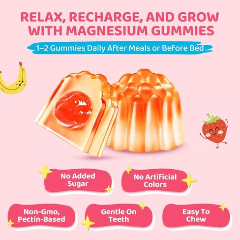 Kids Magnesium Gummies - Magnesium Glycinate Supplement Gummies with L-Theanine, Chamomile & Multivitamins for Sleep, Calm & Focus - Strawberry Banana Center-Filled Gummies 60 ct in Saudi Arabia
