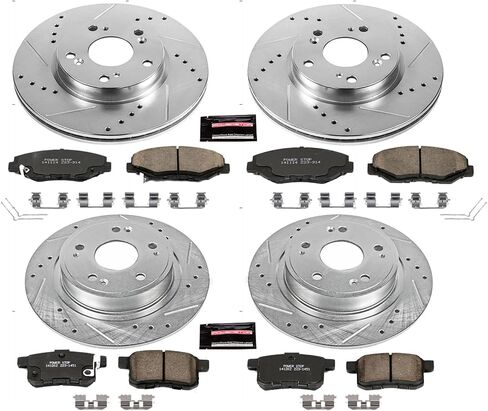 Power Stop K6491 Front and Rear Carbon Fiber Brake Pads with Drilled Slotted Brake Rotors Brake Kit For 2013-2015 Honda Accord Coupe [LX-S] | 2013-2017 Honda Accord Sedan [LX - 11.1" Front Rotors] in Saudi Arabia