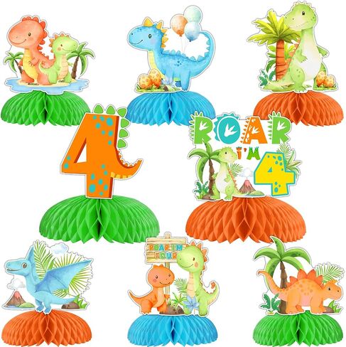 Dinosaur 4th Decortations Girl ، 8pcs Pink Dinosaur 4th Honeycomb Centerpes ، Double Donosaur There Table Decorations for Roar IM 4 Birthday ، Dino Four Party Party Supplies in Kuwait