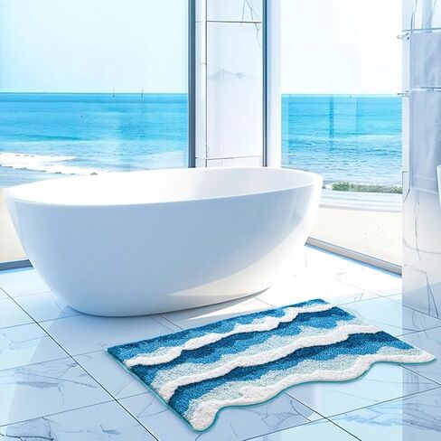 3D المحيط الموجة السجاد الحمام الأزرق 21 × 32 بوصة ، ناعمة وذاتية معنقدة الحمام الشاطئية حصيرة غير قابلة للغسل ، ديكور بحري ساحلي لغرفة نوم الحمام in Kuwait