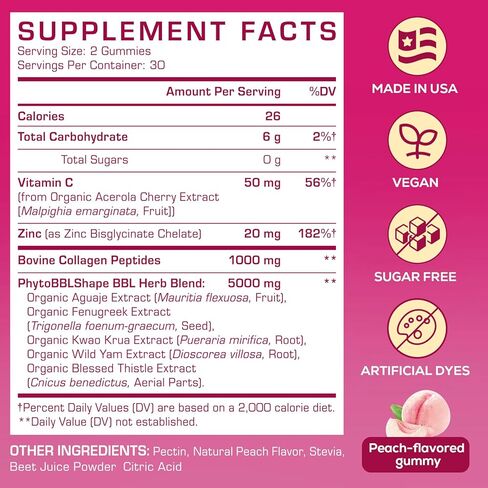 غنيمة غنيمة للنساء - BBL Gummies - مزيج عشبي مع Aguaje ، Fenugreek ، Kwao Krua ، اليام البري ، Thistle المبارك ، فيتامين C & zinc - نكهة الخوخ اللذيذة in Saudi Arabia