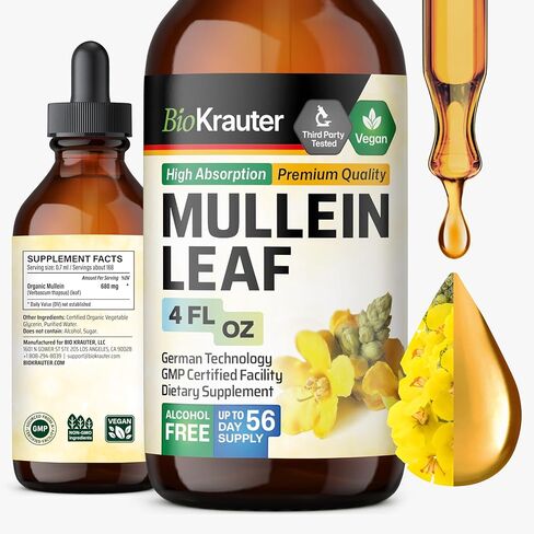 BIO KRAUTER Mullein Drops for Lungs 4 Fl. Oz - 56 Days of Supply - Pure Mullein Leaf Extract for Lung Detox & Cleanse - Vegan Respiratory Supplements - Non-GMO, No Sugar & Alcohol in Saudi Arabia