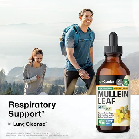 BIO KRAUTER Mullein Drops for Lungs 4 Fl. Oz - 56 Days of Supply - Pure Mullein Leaf Extract for Lung Detox & Cleanse - Vegan Respiratory Supplements - Non-GMO, No Sugar & Alcohol in Saudi Arabia
