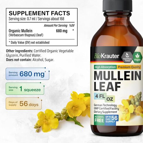 BIO KRAUTER Mullein Drops for Lungs 4 Fl. Oz - 56 Days of Supply - Pure Mullein Leaf Extract for Lung Detox & Cleanse - Vegan Respiratory Supplements - Non-GMO, No Sugar & Alcohol in Saudi Arabia