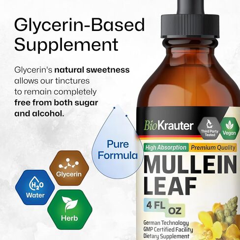 BIO KRAUTER Mullein Drops for Lungs 4 Fl. Oz - 56 Days of Supply - Pure Mullein Leaf Extract for Lung Detox & Cleanse - Vegan Respiratory Supplements - Non-GMO, No Sugar & Alcohol in Saudi Arabia