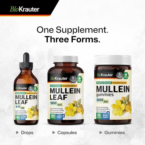 BIO KRAUTER Mullein Drops for Lungs 4 Fl. Oz - 56 Days of Supply - Pure Mullein Leaf Extract for Lung Detox & Cleanse - Vegan Respiratory Supplements - Non-GMO, No Sugar & Alcohol in Saudi Arabia