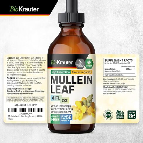 BIO KRAUTER Mullein Drops for Lungs 4 Fl. Oz - 56 Days of Supply - Pure Mullein Leaf Extract for Lung Detox & Cleanse - Vegan Respiratory Supplements - Non-GMO, No Sugar & Alcohol in Saudi Arabia