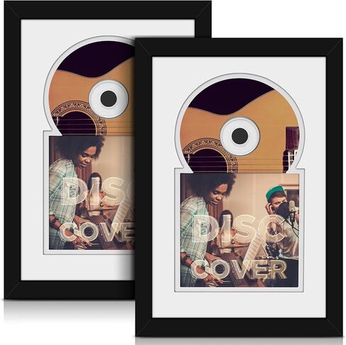 Qunclay 2 Pcs Cd Display Frame with Mats 12" x 8" Display Disc and Cd Box Double Groove Signed Frame Made of Solid Wood for Self Standing with Wall Hanger Home Decor for Music Enthusiast (Black) in Saudi Arabia