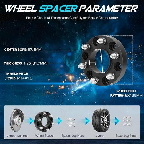 6x135mm to 6x135mm 1.25 inch(31.75mm) Hubcentric Wheel Spacers 87.1mm Bore for 2015-2022 Ford F150 Expedition Lobo, M14x1.5 Studs 6 Lugs Wheel Adapters fits 2015-2022 Lincoln Navigator, Set of 4 in Saudi Arabia