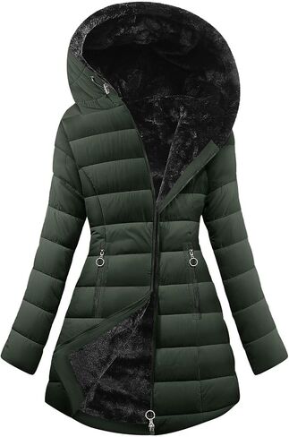 Women's Winter Fleece Puffer Coat Warm Hood Zipper Long Jacket Slim Fit Drawstring Thicken Outerwear with Pockets in Saudi Arabia
