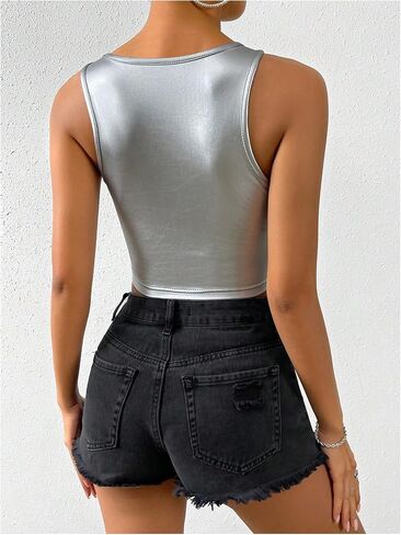 SOLY HUX Women's Metallic Crop Tank Top Crew Neck Sleeveless Slim Fit Party Club Tops in Saudi Arabia