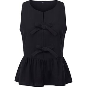 Women's Summer Bowknot Sleeveless Vest Ruffled Babydoll Cotton Shirt Loose Flowing Casual Shirt in Saudi Arabia