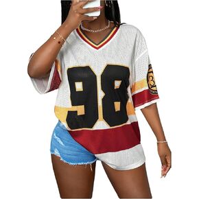 قمصان القميص النسائية مخطط بلوك بلوك تي شيرت نصف الأكمام إسقاط الكتف قمم كبيرة الحجم in Kuwait