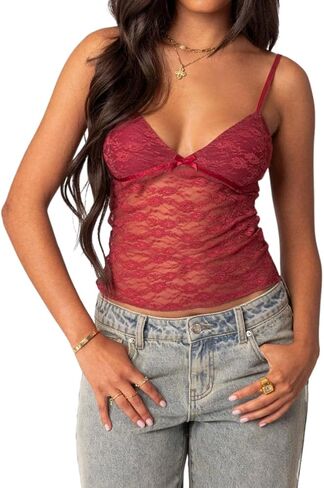 Women Sheer Lace Crop Cami Top Spaghetti Strap See Through Tank Top Sleeveless E-Girls Y2k Going Out Crop Top in Kuwait