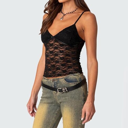 نساء محصول من الدانتيل المحصوقة كامي توب سباغيتي حزام انظر من خلال الخزان العلوي من الفتيات الإلكترونية y2K الخروج in Kuwait