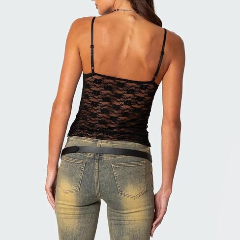 نساء محصول من الدانتيل المحصوقة كامي توب سباغيتي حزام انظر من خلال الخزان العلوي من الفتيات الإلكترونية y2K الخروج in Kuwait