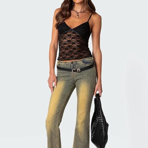 نساء محصول من الدانتيل المحصوقة كامي توب سباغيتي حزام انظر من خلال الخزان العلوي من الفتيات الإلكترونية y2K الخروج in Kuwait