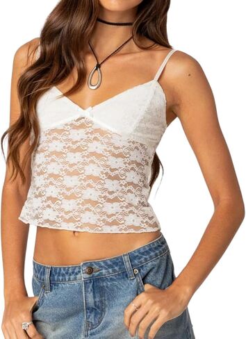 Women Sheer Lace Crop Cami Top Spaghetti Strap See Through Tank Top Sleeveless E-Girls Y2k Going Out Crop Top in Kuwait