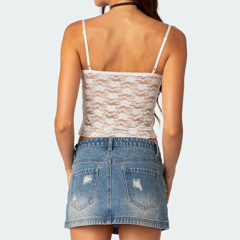 Women Sheer Lace Crop Cami Top Spaghetti Strap See Through Tank Top Sleeveless E-Girls Y2k Going Out Crop Top in Kuwait