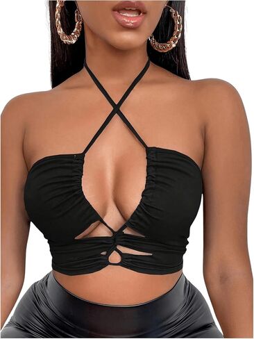 SOLY HUX Women's Cut Out Halter Tops Criss Cross Backless Ruched Party Club Crop Tops in Saudi Arabia