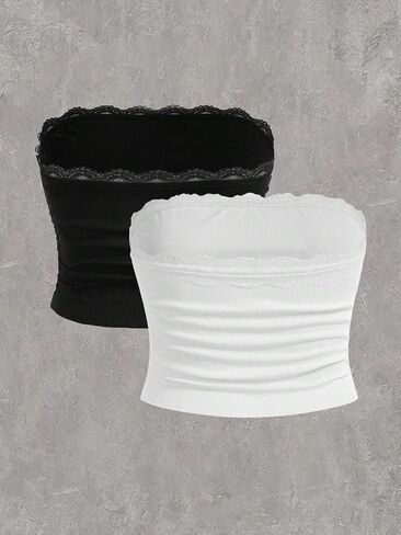 Floerns Women's 2 Pcs Plus Size Solid Strapless Lace Ruched Front Crop Tube Top in Saudi Arabia