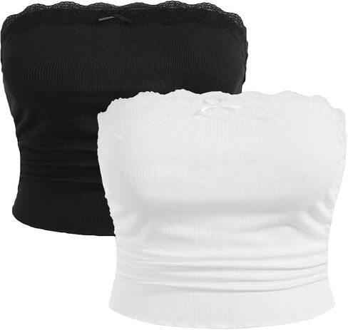 Floerns Women's 2 Pcs Plus Size Solid Strapless Lace Ruched Front Crop Tube Top in Saudi Arabia