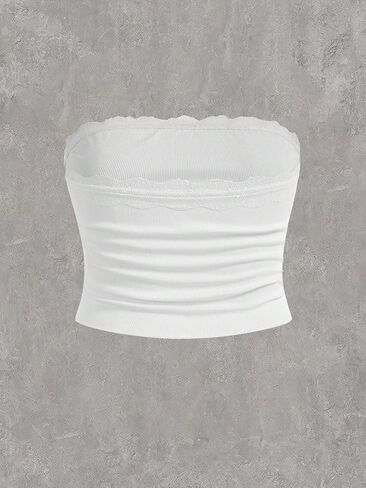 Floerns Women's 2 Pcs Plus Size Solid Strapless Lace Ruched Front Crop Tube Top in Saudi Arabia