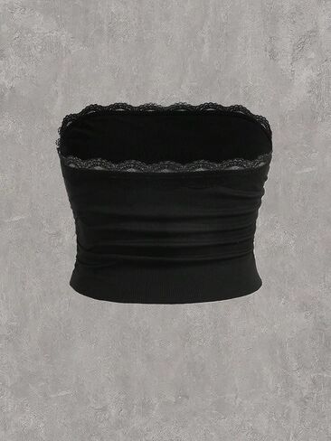 Floerns Women's 2 Pcs Plus Size Solid Strapless Lace Ruched Front Crop Tube Top in Saudi Arabia