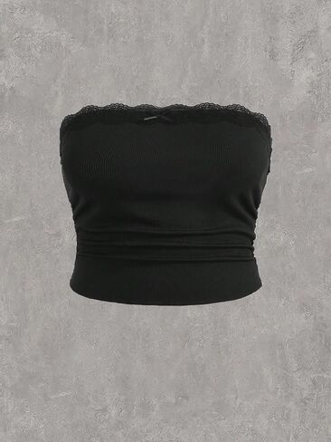 Floerns Women's 2 Pcs Plus Size Solid Strapless Lace Ruched Front Crop Tube Top in Saudi Arabia