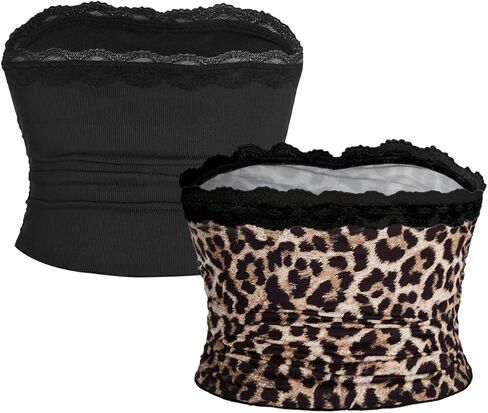 Floerns Women's 2 Pcs Plus Size Solid Strapless Lace Ruched Front Crop Tube Top in Saudi Arabia