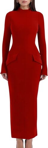 Ymduch Women's Long Sleeve Mort Turtle Neck Bodycon Back Slit Club Party Long Pencil Dress in Kuwait