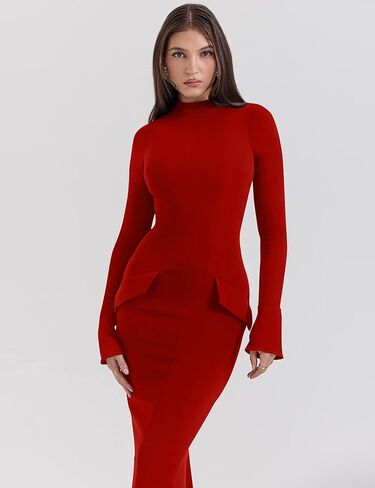 Ymduch Women's Long Sleeve Mort Turtle Neck Bodycon Back Slit Club Party Long Pencil Dress in Kuwait