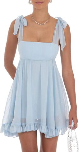 Women's Babydoll Mini Dress Shoulder Tie Strap Backless Short Flowy Dress Summer Casual Beach Vacation Sundress Outfit in Saudi Arabia