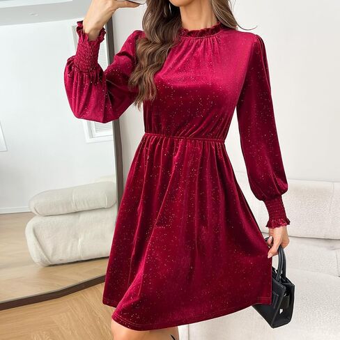 Women's Velvet Long Sleeve Cocktail Party Dress Glitter Formal Wedding Guest Dress in Kuwait