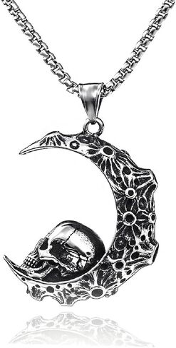 Crescent Skull Pendant, Gothic Moon Crescent Skull Necklace for Men, Punk Moon Skull Necklace Skeleton Crescent Skull Jewelry, Vintage Moon Skull Halloween Pendant Necklace for mens in Saudi Arabia