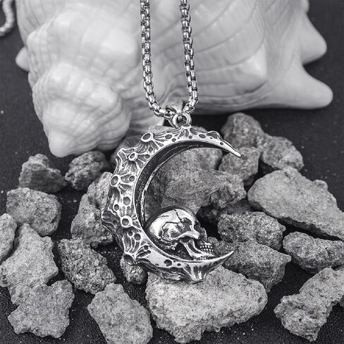 Crescent Skull Pendant, Gothic Moon Crescent Skull Necklace for Men, Punk Moon Skull Necklace Skeleton Crescent Skull Jewelry, Vintage Moon Skull Halloween Pendant Necklace for mens in Saudi Arabia