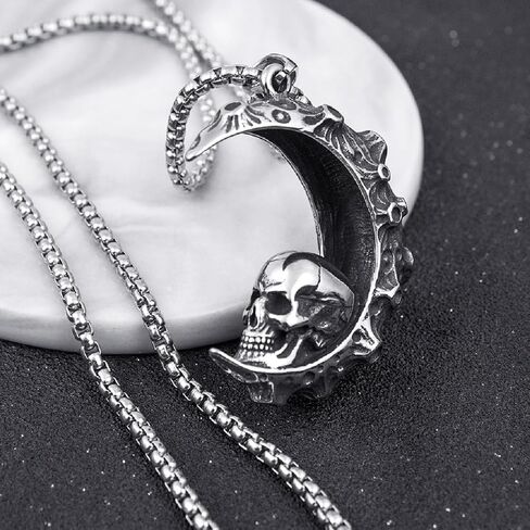 Crescent Skull Pendant, Gothic Moon Crescent Skull Necklace for Men, Punk Moon Skull Necklace Skeleton Crescent Skull Jewelry, Vintage Moon Skull Halloween Pendant Necklace for mens in Saudi Arabia