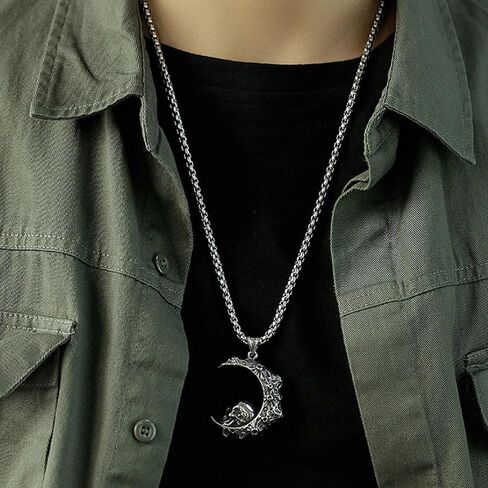 Crescent Skull Pendant, Gothic Moon Crescent Skull Necklace for Men, Punk Moon Skull Necklace Skeleton Crescent Skull Jewelry, Vintage Moon Skull Halloween Pendant Necklace for mens in Saudi Arabia