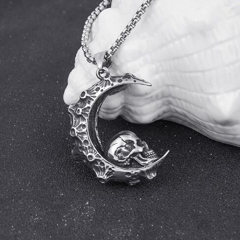 Crescent Skull Pendant, Gothic Moon Crescent Skull Necklace for Men, Punk Moon Skull Necklace Skeleton Crescent Skull Jewelry, Vintage Moon Skull Halloween Pendant Necklace for mens in Saudi Arabia