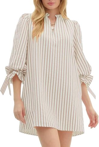 Striped Dress for Women V Neck 3/4 Bow Puff Sleeve Summer A Line Flowy Shirt Dress with Pockets in Saudi Arabia