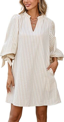 Striped Dress for Women V Neck 3/4 Bow Puff Sleeve Summer A Line Flowy Shirt Dress with Pockets in Saudi Arabia