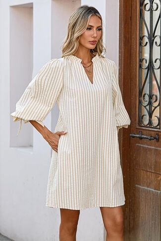 Striped Dress for Women V Neck 3/4 Bow Puff Sleeve Summer A Line Flowy Shirt Dress with Pockets in Saudi Arabia