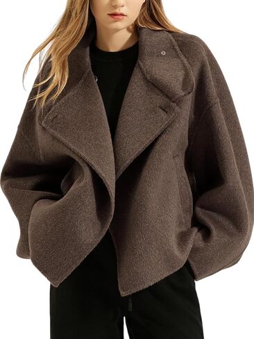 utcoco Women Cropped Thicken Wool Coats Oversized Short Jackets Notched Lapel Pea Coat Trench Overcoats with Pockets in Saudi Arabia
