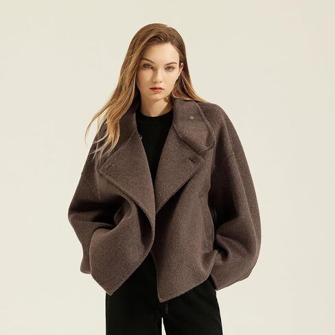 utcoco Women Cropped Thicken Wool Coats Oversized Short Jackets Notched Lapel Pea Coat Trench Overcoats with Pockets in Saudi Arabia