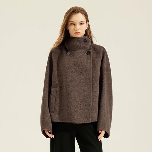 utcoco Women Cropped Thicken Wool Coats Oversized Short Jackets Notched Lapel Pea Coat Trench Overcoats with Pockets in Saudi Arabia