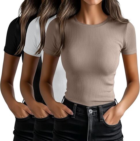 Ficerd 3 Pack Women's Short Sleeve T Shirts ، قمصان متماسكة من رقبة Crew Dibbed Fool for Summer Disual Slim Slim Pricted Stirts in Saudi Arabia