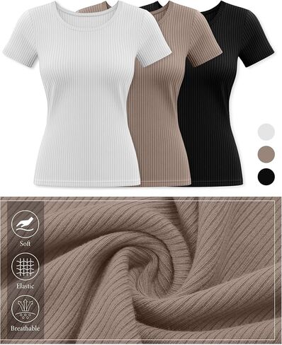 Ficerd 3 Pack Women's Short Sleeve T Shirts ، قمصان متماسكة من رقبة Crew Dibbed Fool for Summer Disual Slim Slim Pricted Stirts in Saudi Arabia