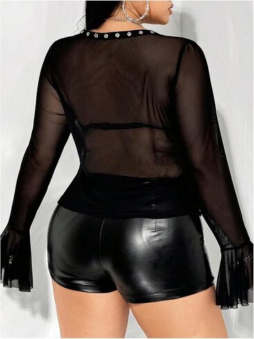 Shenhe Women's Plus Size Y2K Grunge Punk Mesh Shirt Lace Lace Up Long Sleeve Party Top in Saudi Arabia