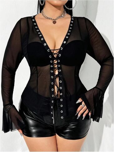 Shenhe Women's Plus Size Y2K Grunge Punk Mesh Shirt Lace Lace Up Long Sleeve Party Top in Saudi Arabia